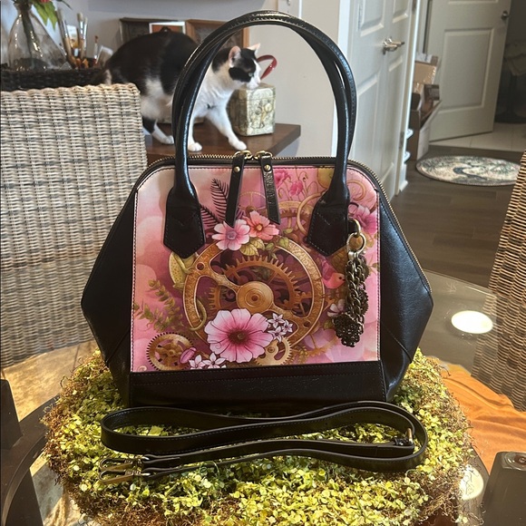 Sharif Wearable Art Pink Floral & Gear Design Leather Satchel 15”x 11”x 4” NWOT - Picture 4 of 8